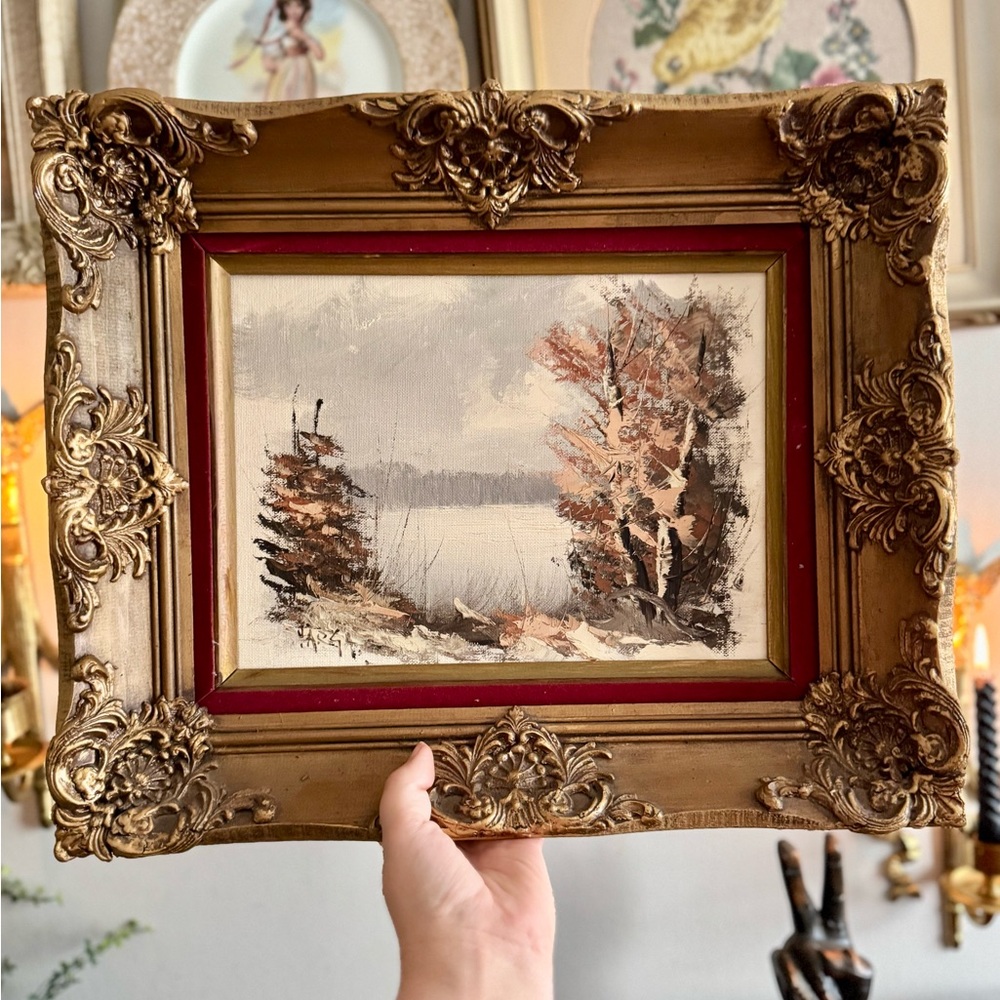 Mid-Century Lake Landscape Oil Painting with First Snow in Ornate Gold Frame